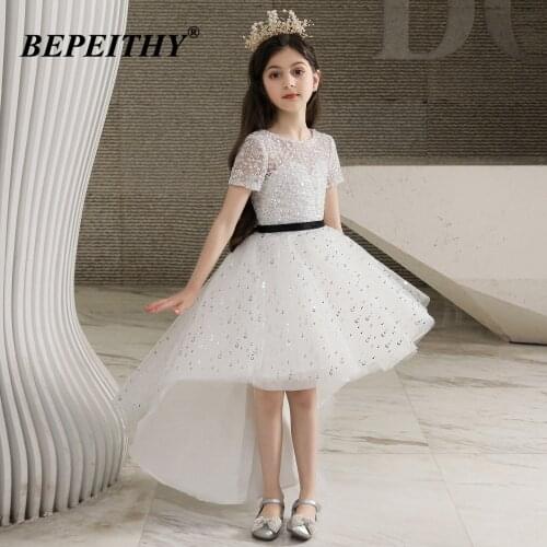 BEPEITHY Glitter Short Sleeves Flower Girl Dresses For Wedding-Party A-Line Pretty Kids Communion Pageant Gown 2021