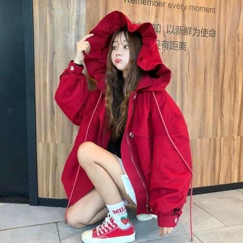 Baseball uniform red jacket female 2020 new spring and autumn Korean version of Harajuku students loose lotus leaf hooded toolin