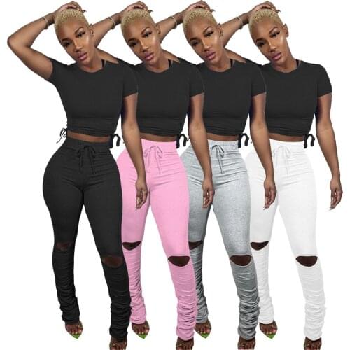 High Waist Stacked Pants Summer Clothes for Women Sexy Hollow Bodycon Legging Lace Up Sweatpants Joggers Ruched Trousers