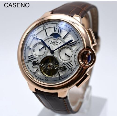Tourbillon Mens Watch Top Brand Luxury Belt Watch Men Automatic Mechanical Wristwatch Skeleton Sport Male Clocks relogio CASENO