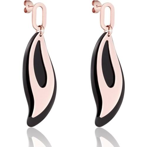 Hot Stainless Steel Ellipse Hanging Inner Plated Black Outer Plated Rose Gold Color Feather Dangle Earrings For Woman Earring