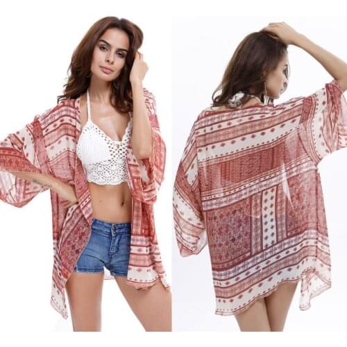 Womens Quick Dry Floral Print Women Beach Outwear Beach Bikini Swimwear Cover-Ups Kaftan Pink Thin Sunshade Pareo