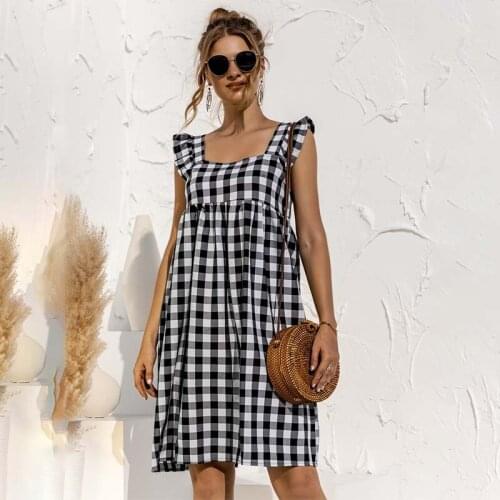 Flying Sleeve Square Collar Plaid Print Dress Women Casual Loose Streetwear Above Knee Sexy Backless High Waist Dresses