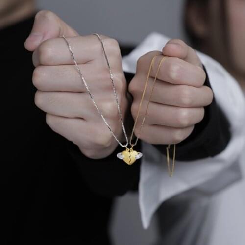 2Pcs Magnetic Couple Necklace Set Lovers Half Heart Pendant Distance Friendship Charm Necklace Women Men Valentines Day Gift