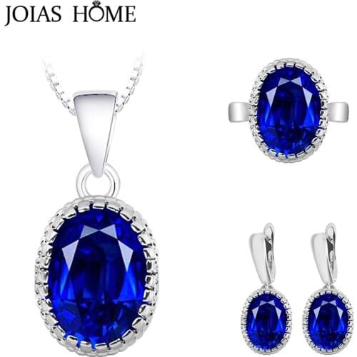 JoiasHome 16 colors choice Sterling Silver 925 Jewelry Sets for Women Luxury Oval shaped Gemstones charms three piece suit Party