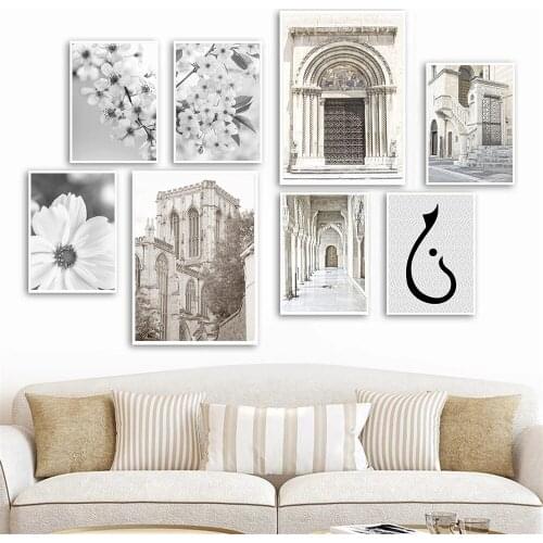 Morocco Door Vintage Poster Islamic Building Canvas Painting White Flowers Wall Art Print Arabic Wall Pictures Living Room Decor