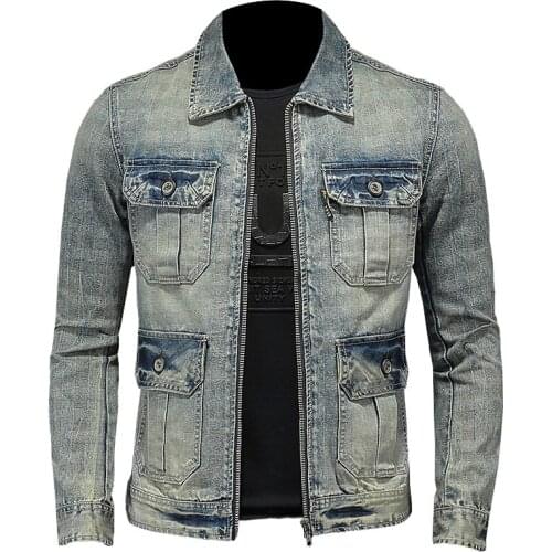 2021 New Spring and Autumn Fashion Casual Men Solid Color Turndown Collar Zipper Pocket Slim Retro Long Sleeve Mens Denim Jacke