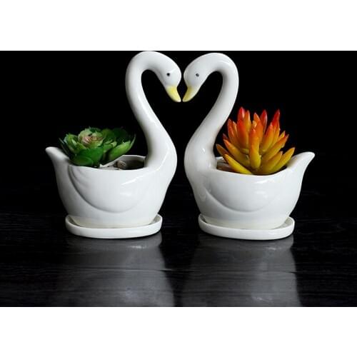Set of 2 Swan White Ceramic Planter for Succulents Decorative Desktop Succulents Pots Mini Flower Pot Home Garden Decoration