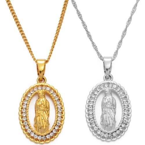 Anniyo Virgin Mary Pendant Necklace for Women Girl Gold Color Our Lady Jewelry Wholesale Colar Cross Trendy Chain #122106