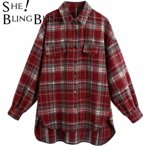 SheBlingBling Vintage Tweed Plaid Jacket Women Autumn Patch Pocket Coat Collared Long Sleeve Button Up Shirt Style Long Jacket