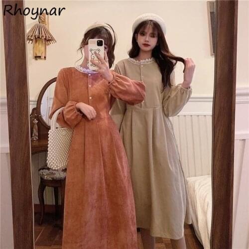 Dress Women Long Sleeve Corduroy Soft All-match Round Neck Korean Style High Street Lace Mid-calf Vintage Elegant Autumn Mujer