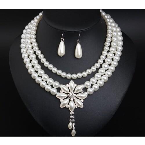 Luxury Pearl Floral Wedding Crystal Bridal Jewelry Sets Women Rhinestones Prom Pageant Party Necklace Earrings Set For Bride