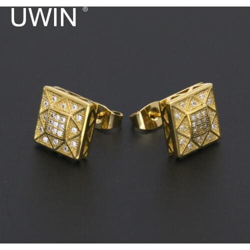 UWIN New Men AAA CZ Rhinestone Crystal Stud Earrings Copper Material Gold Color Square Earrings Women Fashion Hip Hop Jewelry