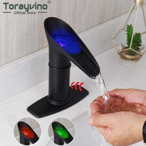 Torayvino LED Matte Black Automatic Touch Free Sensor Bathroom Faucet Basin Sink Solid Brass Faucet Deck Mounted Mixer Water Tap