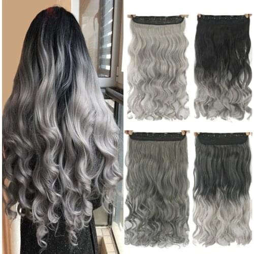 Gres Women 24inch Long 5 Clip-in Hair Pieces Wavy Grey Ombre Synthetic Hair Extensions High Temperature Fiber Smoky Gray Color