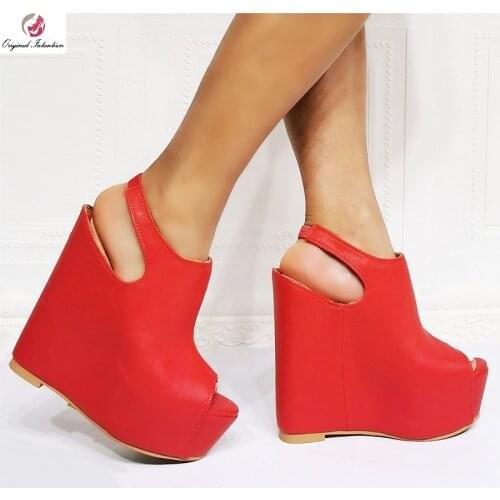 Newest Fashion Peep Toe High Platform Women Sandals High Quality Red PU Leather Wedge High Heels Ladies Summer Party Dress Shoes