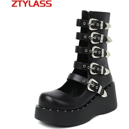 2021 New Summer Platform Women Shoes Comfort Flat With Motorcycle Boots Women Buckle Round Toe Spring Autumn Ankle Boots Black