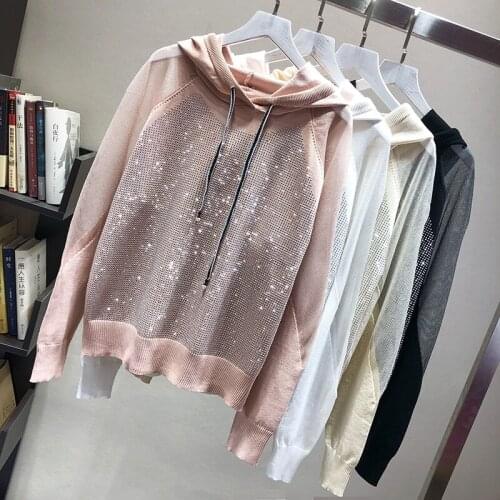 Women Sweaters And Pullovers Knitted Sweater Craft Hot Drilling Hooded Loose 2020 Womens New Mesh Stitching Ice Apricot Casual
