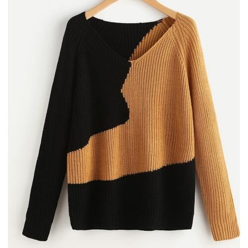 2021 Women Sweater Pullover Patchwork Long Sleeve Shirt Women Casual Loose Top Tee Shirt Sexy V-Neck Female Shirt Blusas