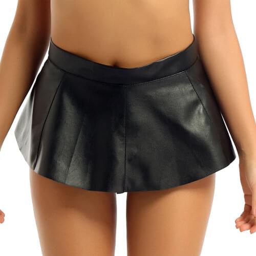 Womens Lingerie PU Leather Skirts High Waist Front Zipper Pleated Mini Skirt Party Nightwear Bar Clubwear for Sexy Role Play