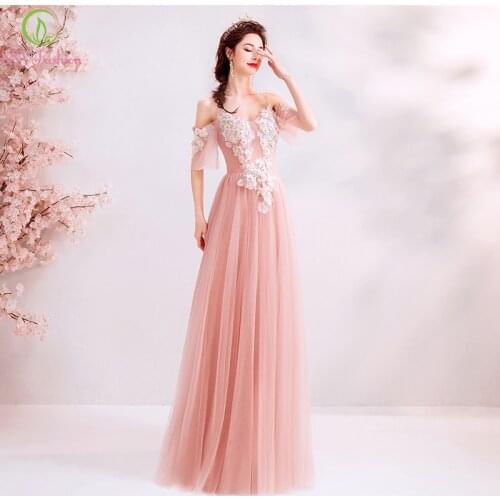 SSYFashion 2019 New Sweet Pink Lace Evening Dress Lace Appliques Beading V-neck Floor-length Formal Prom Gown Robe De Soiree