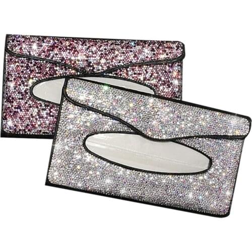 1pc Car Sun Visor Hanging Type Pumping Box Diamond-studded Crystal Tissue Box Car Styling Interior Cute Tissue Box