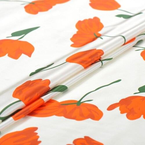 108CM Wide 19MM Orange Floral Print Stretch Smooth White Silk Satin Fabric Good for Summer Dress Skirt Shirt Pants J202