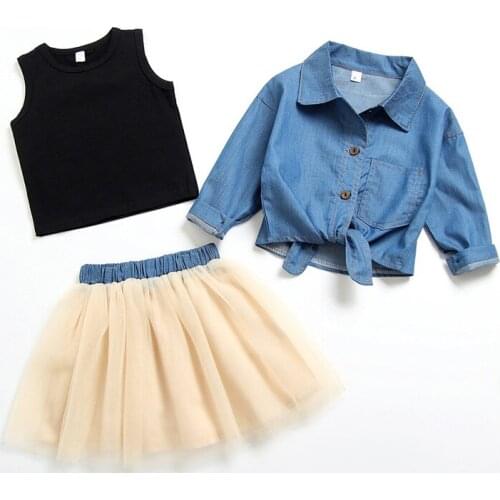 Children Clothing Sect T Shirt+Tutu Dress+denim Shirt 3 Pcs Summer Spring Casual Children Girls Clothing Bowknot Design Outfits