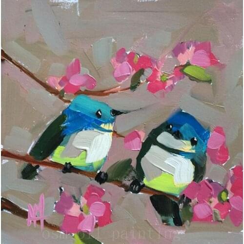Handmade Abstract Birds Two Cerulean Warblers Have a Relax in the Pink Flower Branches Art Palette Knife Oil Paintings on Canvas