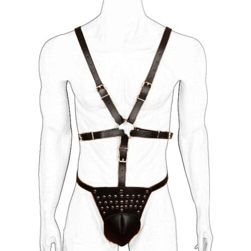 CamaTech PU Leather Men Body Bondage Adjustable BDSM Chest Harness With Male Cock Cage Fetish Bondage Restraint Slave Adult Game