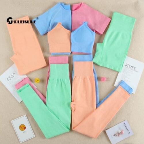 CHRLEISURE Seamless Yoga Set Pad Short Sleeve Crop Top T shirt Bra Squat Proof Workout Sportswear Solid Gym Leggings Fitness