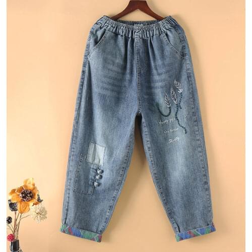 Spring Autumn Arts Style Women Elastic Waist Cotton Denim Harem Pants Patch Design Vintage Embroidery Loose Casual Jeans V403