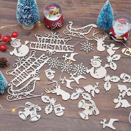 Wooden Chip Christmas Tree Hanging QITAI 30PCS Ornaments Pendant Kids Gifts Snowman Tree Shape Xmas Scrapbooking Diy Card WF327