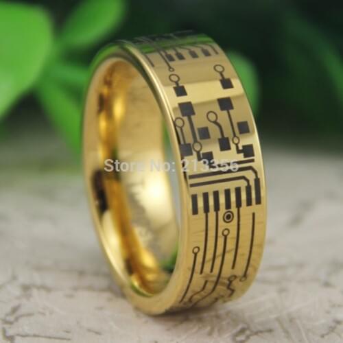 Cheap Price Free Shipping USA Canada Hot Selling 8MM New Golden Pipe CIRCUIT BOARD Lord New Mens Fashion Tungsten Wedding Ring