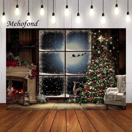 Mehofond Photography Background Christmas Window Vintage Wooden Santa Claus Elk Sled Winter Portrait Decor Backdrop Photo Studio