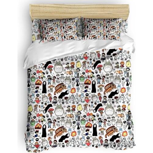 Kawaii Ghibli Doodle Duvet Cover Cotton Duvet Cover King Size Queen Size Quilt Cover Set Bedclothes Comforter Single Bedding Set