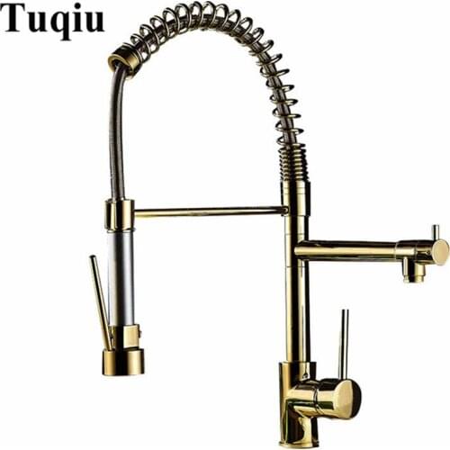 Kitchen Faucet Gold Brass Pull Down Kitchen Faucet Sink Mixer Tap Hot Cold Pull Out Spring Spout Unique Design Kitchen Faucet