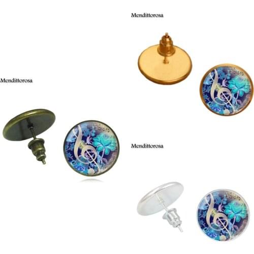 Mendittorosa Glass Cabochon Anime Jewelry With Bronze/Silver/Golden Clip Ear Hook Stud Earrings Music Note