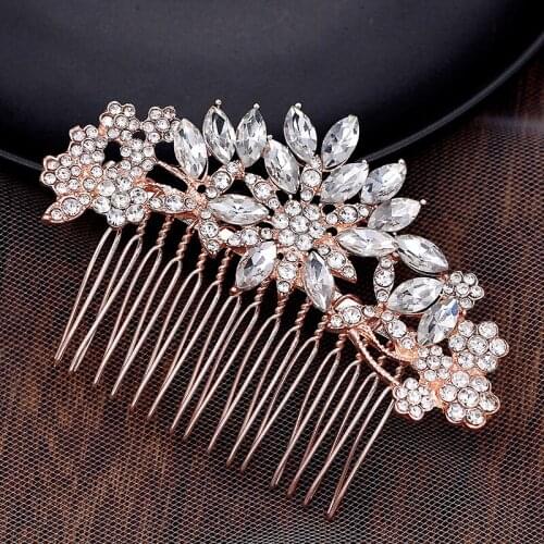 Fashion sparkly crystal rose gold wedding hair comb clip rhinestone bride headdress for women headpiece hair accessories