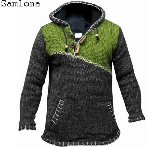 Samlona 2021 Knitting Sweater Mens Autumn New Leisure Casual Patchwork Sweaters Hooded Top Pullovers Male Winter Warm Clothes