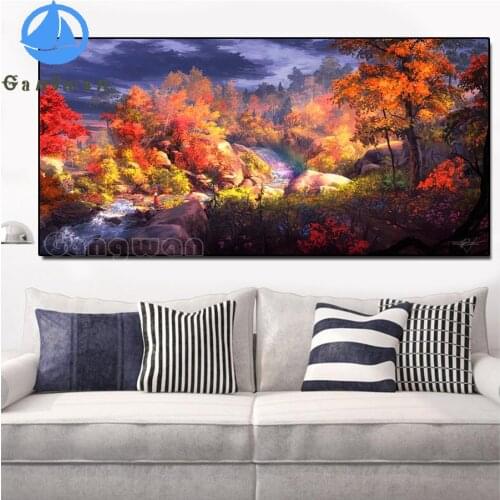 5D Diamond Painting Kit Waterfall Forest red tree landscape Diamond Embroidery Full Square round Drill Cross Stitch large Decor