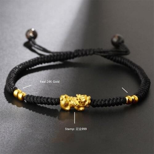 Genuine 24K Yellow Gold Lovely Small Pixiu with 4pcs Beads Black Cord Bracelet Length from 5" to 15"