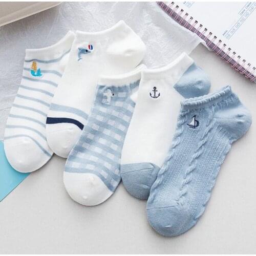 Yishine 10 Pairs New Fashion Summer Cute Cartoon Anchor Dolphin Printgs Striped Pattern Women Low Ankle Socks for Girls