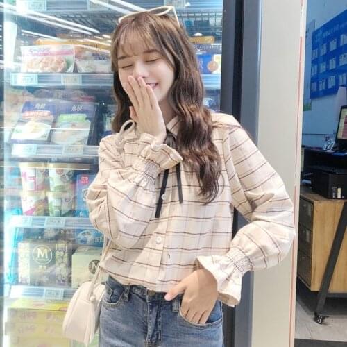 Autumn Womens New Korean-Style Retro Hong Kong-Style Plaid Shirt Loose Casual Long-Sleeve Blouse Shirt
