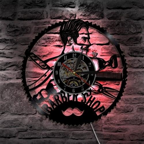 Barber Shop Hairdresser LED Hanging Lamp Vinyl Record Wall Clock Grooming Beauty Salon Mustache Decorative Lighting