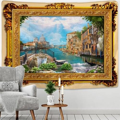 Fake Frame Tapestry Wall Hanging River Sky Clouds Bohemian Dorm Decor Yoga Mat Rug Architectural Attraction Venice