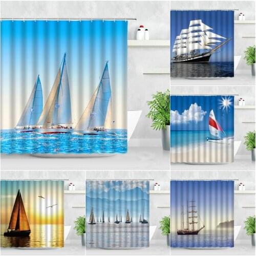 Ocean Scenery Shower Curtains Summer Sea Water Beach Bird Sailboat Ferry Sunshine Natural Bathroom Decor Screen Bath Curtain Set
