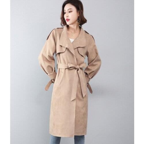 Plus Size Apricot Trench Coat Women Office Lady Oversize Clothes 2021 Spring Windbreaker Mid-Length Suede Outerwear Female 5XL