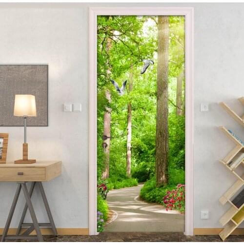 Forest Woods Sunshine Small Road Creative DIY Door Sticker PVC Self-adhesive Vinyl Wallpaper For Living Room Bedroom Door Mural