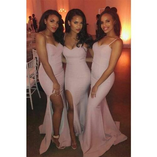 Womens Long Pink Spaghetti Straps Bridesmaid Dresses with Slit Maxi Corset Back Mermaid Formal Evening Gown Custom